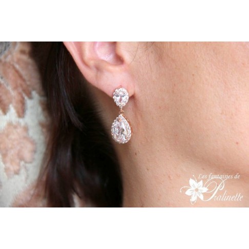 Soane rose gold boucles d'oreilles mariage strass et gouttes, bijoux mariées, clous d'oreilles oxyde de zirconium