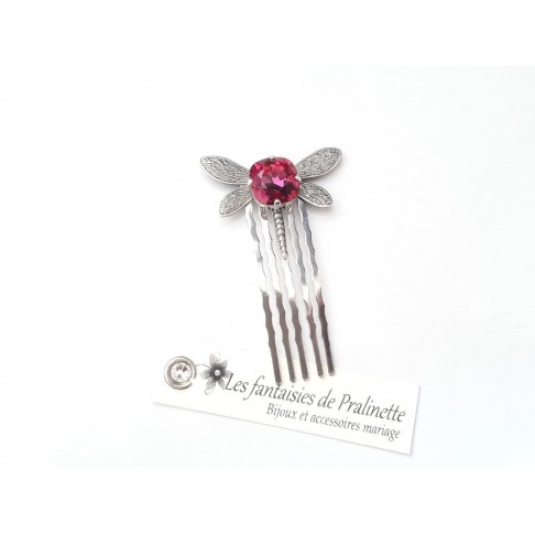 Peigne libellule et cabochon en cristal rose fuchsia, bijoux mariage, bijoux intemporels, bijoux cristal