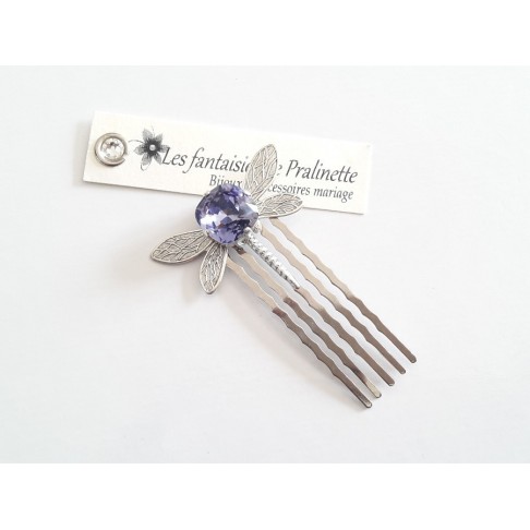 Peigne libellule et cabochon en cristal violet, bijoux mariage, bijoux intemporels, bijoux cristal