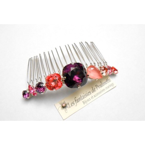 Peigne en cristal, peigne cabochons en cristal améthyste et rose pêche