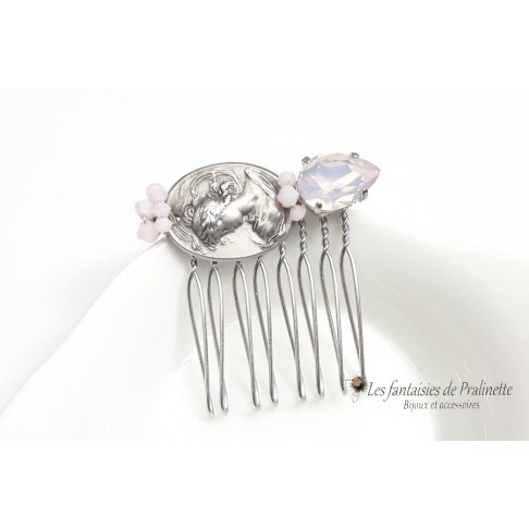 Caméa peigne intemporel, mariage, vintage en cristal rose et camée ange