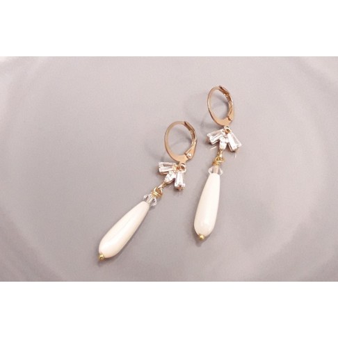 Boucles D'oreilles Longues Clips Art Déco - Éventail Strass Et Perle Goutte - Neuf (sans Emballage)