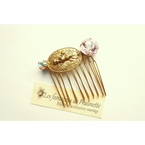 Angéa peigne intemporel, mariage, vintage en cristal rose et camée ange