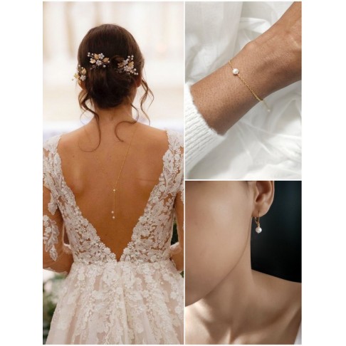 Parure mariage Collier bijoux de dos, boucles d'oreilles, bracelet minimaliste Eden