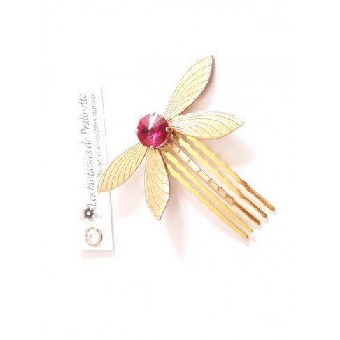 Peigne libellule et cabochon en cristal rose fuchsia, bijoux mariage, bijoux intemporels, bijoux cristal