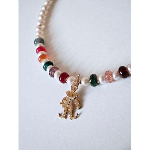 Collier de perles de culture d'eau douce pendentif clown arlequin