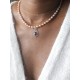 Collier perles de culture grains de riz rose saumon et grenat