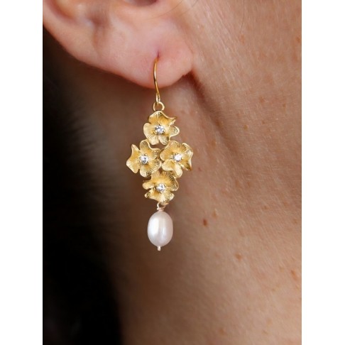 Boucles d'oreilles mariage cascade fleurs pensées ciselées - Prêt à porter mariage