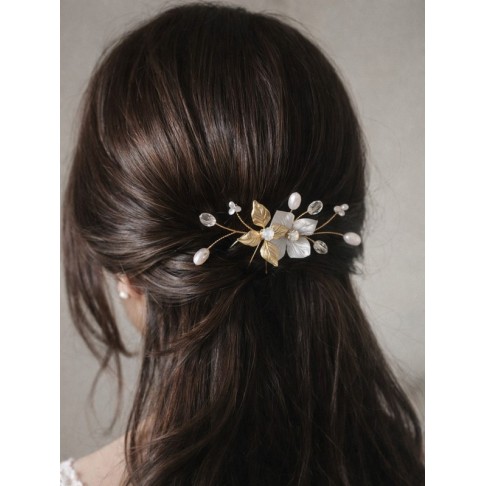 Pic à chignon fleur en soie et dorée